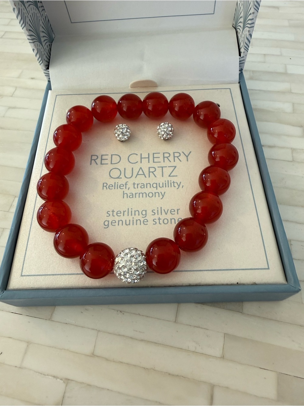 Red Cherry Quartz Beaded Bracelet with Crystal Accent — Sterling Silver